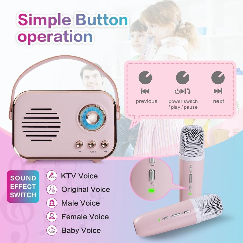 Retro Mini Karaoke Machine with Wireless Microphone, Portable Small, 1 Mic, Pink - Picture 3 of 6